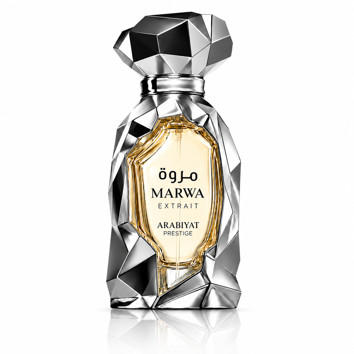 Arabiyat Prestige Marwa Extrait 60 ml – silberner Parfumflakon mit facettiertem Design auf weißem Hintergrund