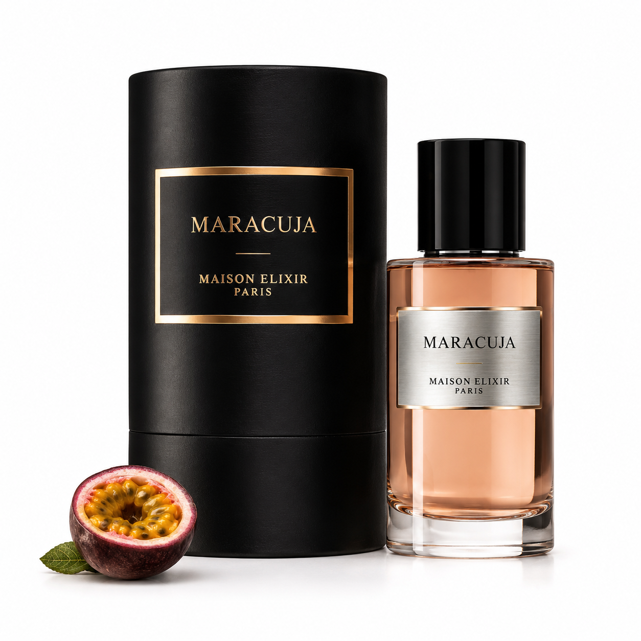 Maison Elixir Paris Maracuja Eau de Parfum 50ml mit Originalverpackung auf weißem Hintergrund