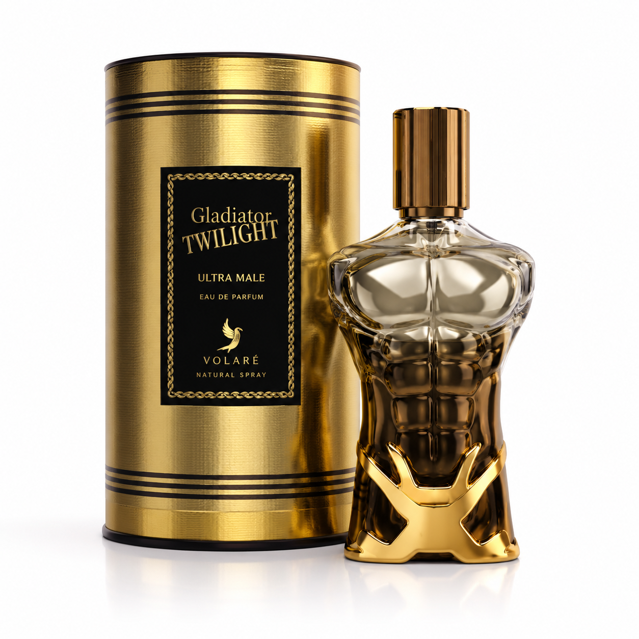Gladiator Twilight Ultra Male Eau de Parfum 100ML – luxuriöser Herrenduft im goldenen Flakon mit hochwertiger Geschenkverpackung auf weißem Hintergrund