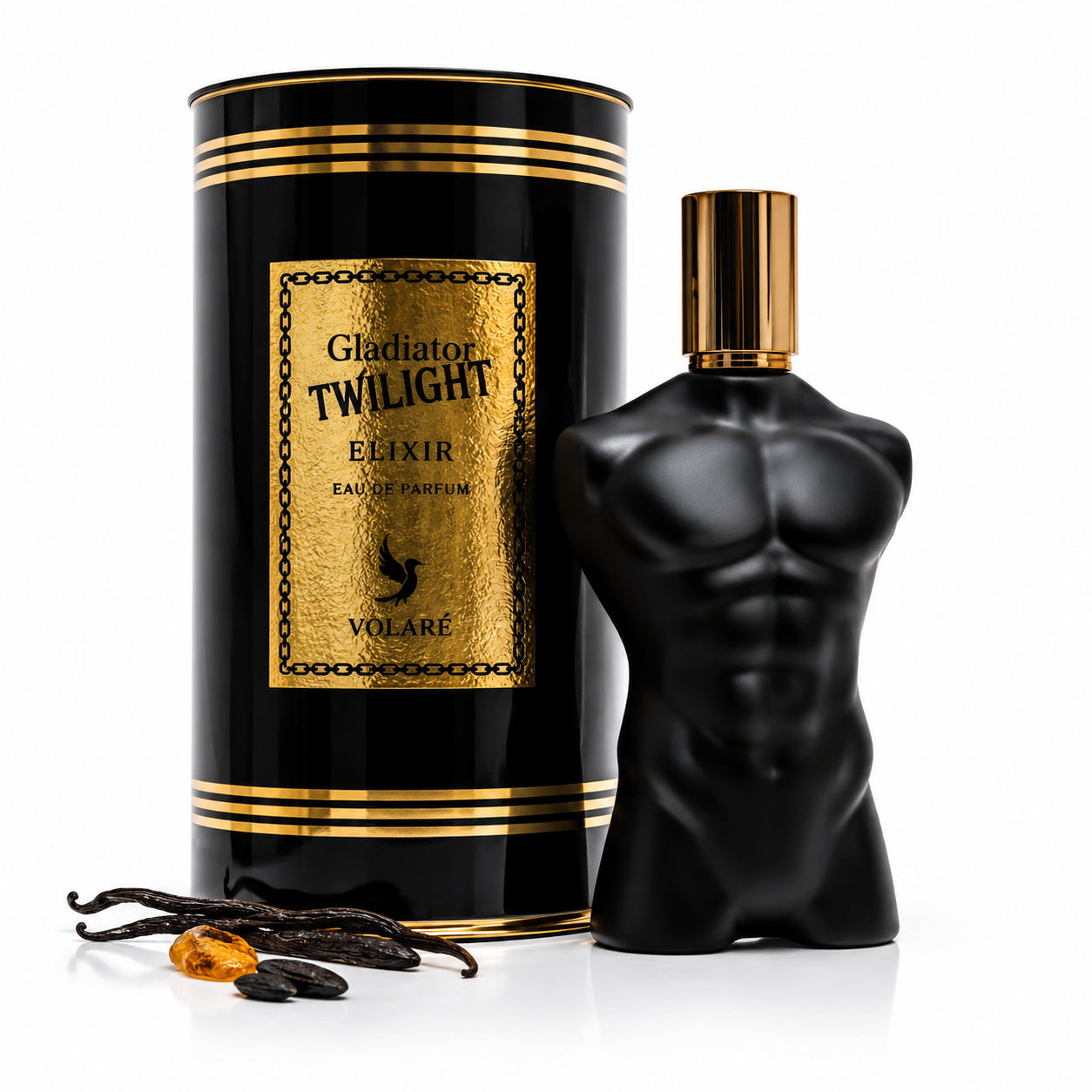 Gladiator Twilight Elixir Eau de Parfum 100ML von Volaré mit elegantem schwarzem Flakon und luxuriöser Geschenkverpackung auf weißem Hintergrund