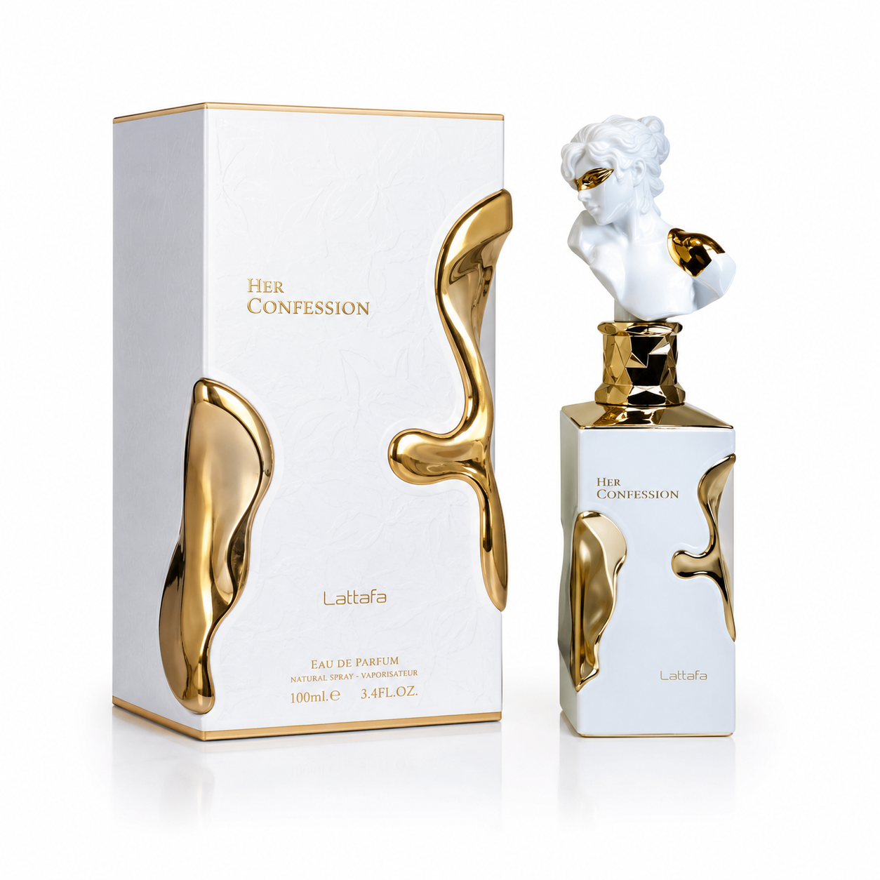 Lattafa Her Confession Eau de Parfum 100ML mit luxuriösem weiß-goldenem Flakon und eleganter Geschenkverpackung auf weißem Hintergrund