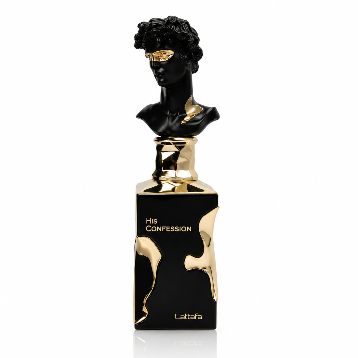 Lattafa His Confession Eau de Parfum 100ml luxuriöser schwarzer Flakon mit goldenen Details auf weißem Hintergrund