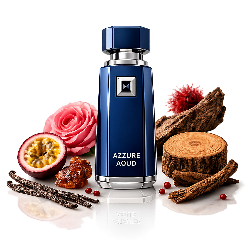 French Avenue Azzure Aoud Eau de Parfum 100ml Flakon auf weißem Hintergrund