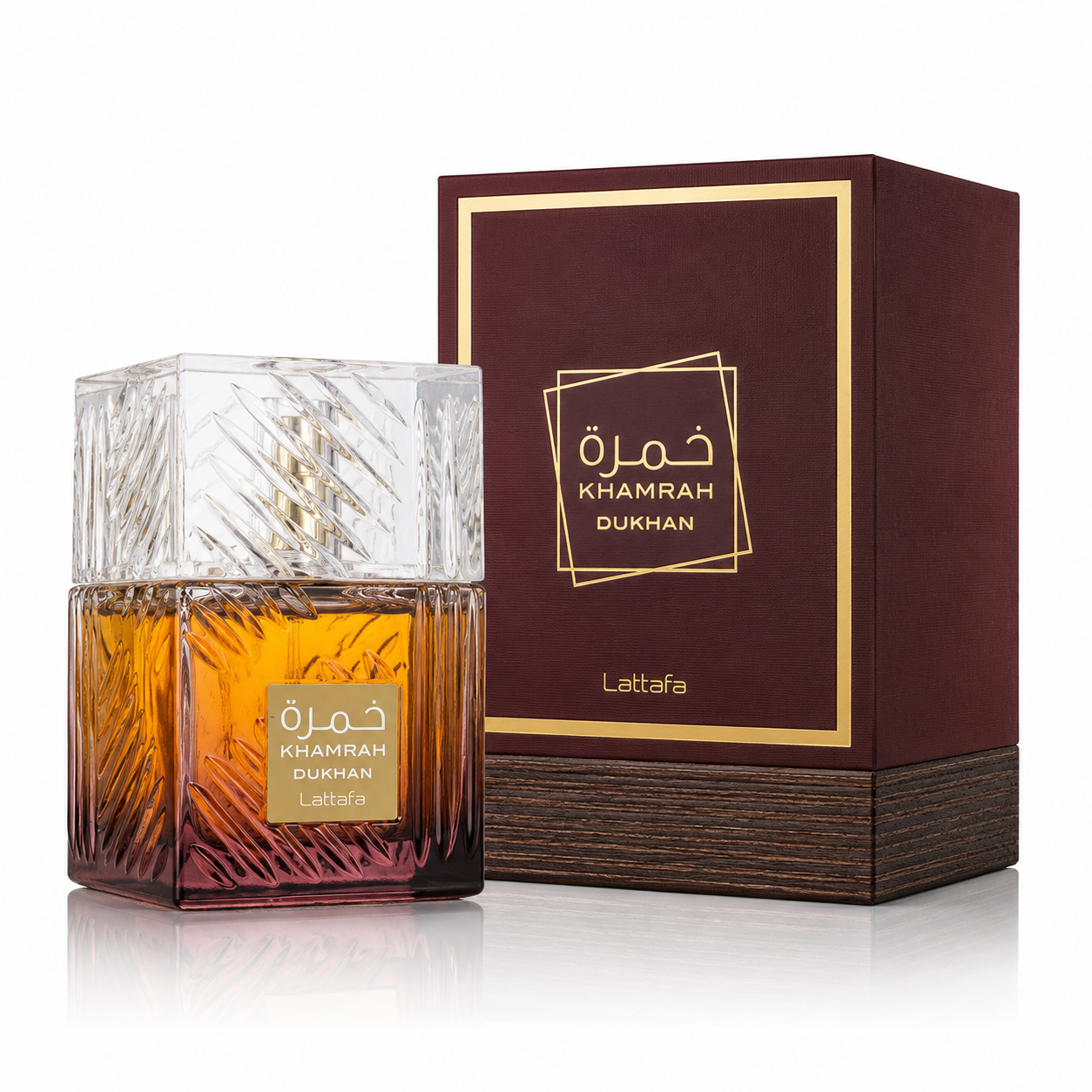 Lattafa Khamrah Dukhan Eau de Parfum 100 ml Luxus Parfum mit rauchigen, würzigen und orientalischen Duftnoten auf weißem Hintergrund.
