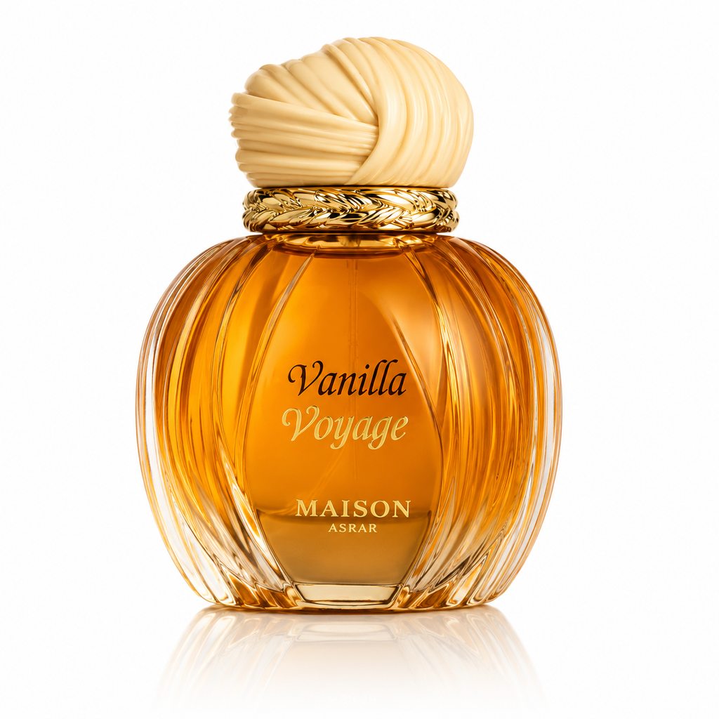 Maison Asrar Vanilla Voyage Eau de Parfum 100 ml – elegante goldene Parfumflasche mit Originalverpackung, luxuriöser Vanilleduft für Damen.