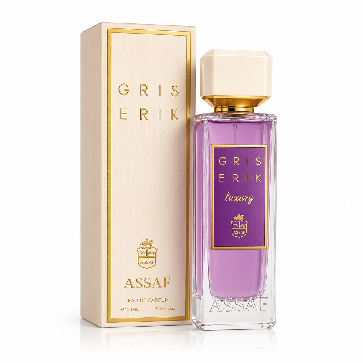 Assaf Gris Erik Luxury Eau de Parfum 100 ml – elegante Parfümflasche mit violettem Duft und luxuriösem Design auf weißem Hintergrund