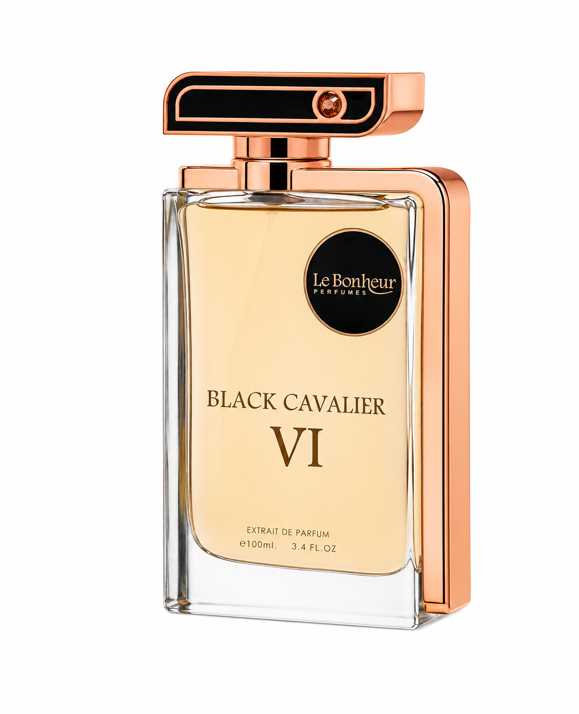 Le Bonheur Black Cavalier VI Eau de Parfum 100 ml – eleganter holzig-aromatischer Unisex-Duft mit Bergamotte, Ingwer, Salbei, Veilchen, Sandelholz und Patchouli auf weißem Hintergrund.
