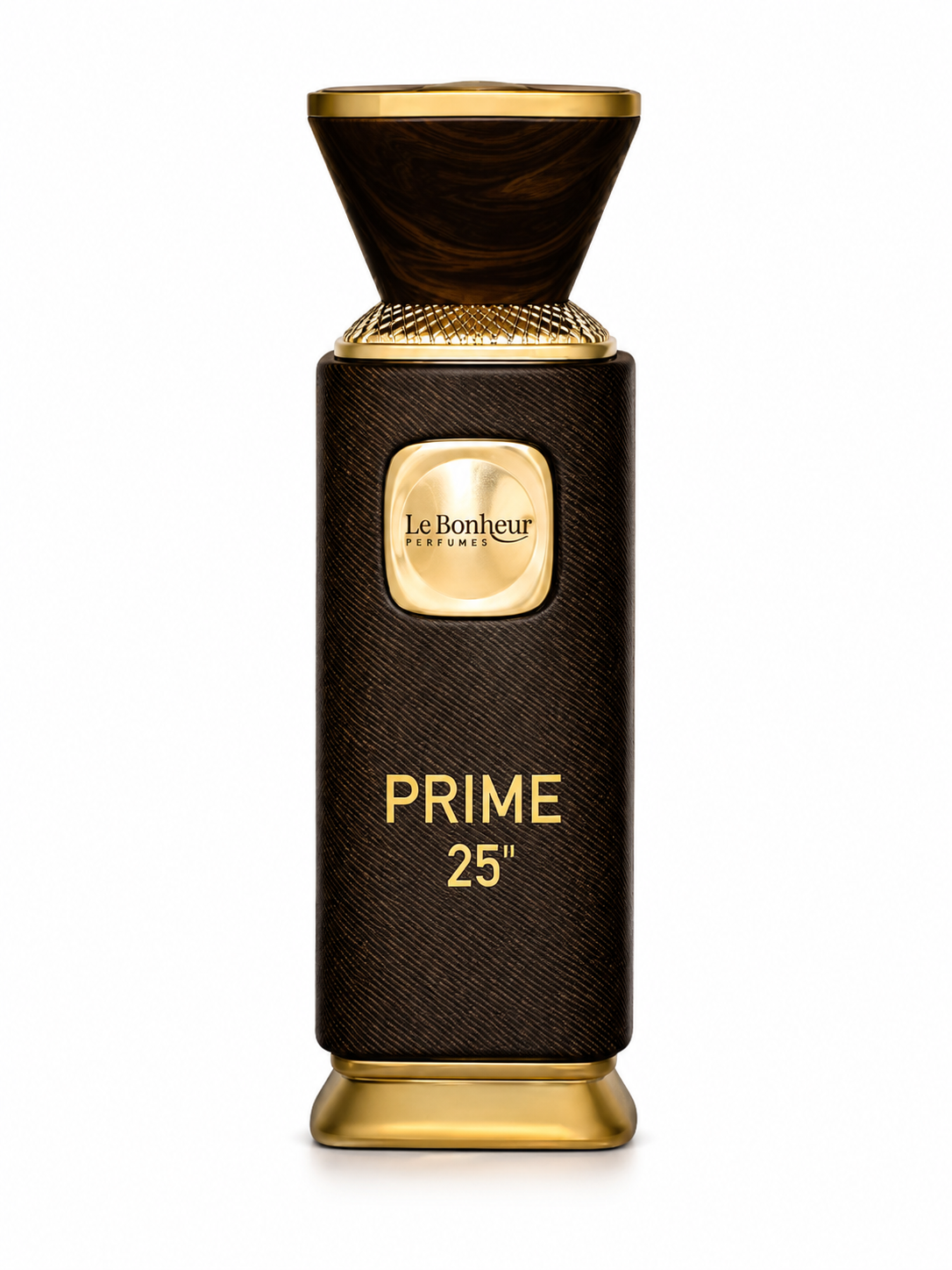 Le Bonheur Prime 25 Eau de Parfum 100 ml – luxuriöser Unisex-Duft mit Bergamotte, Safran, Karamell, Sandelholz und Leder auf weißem Hintergrund.