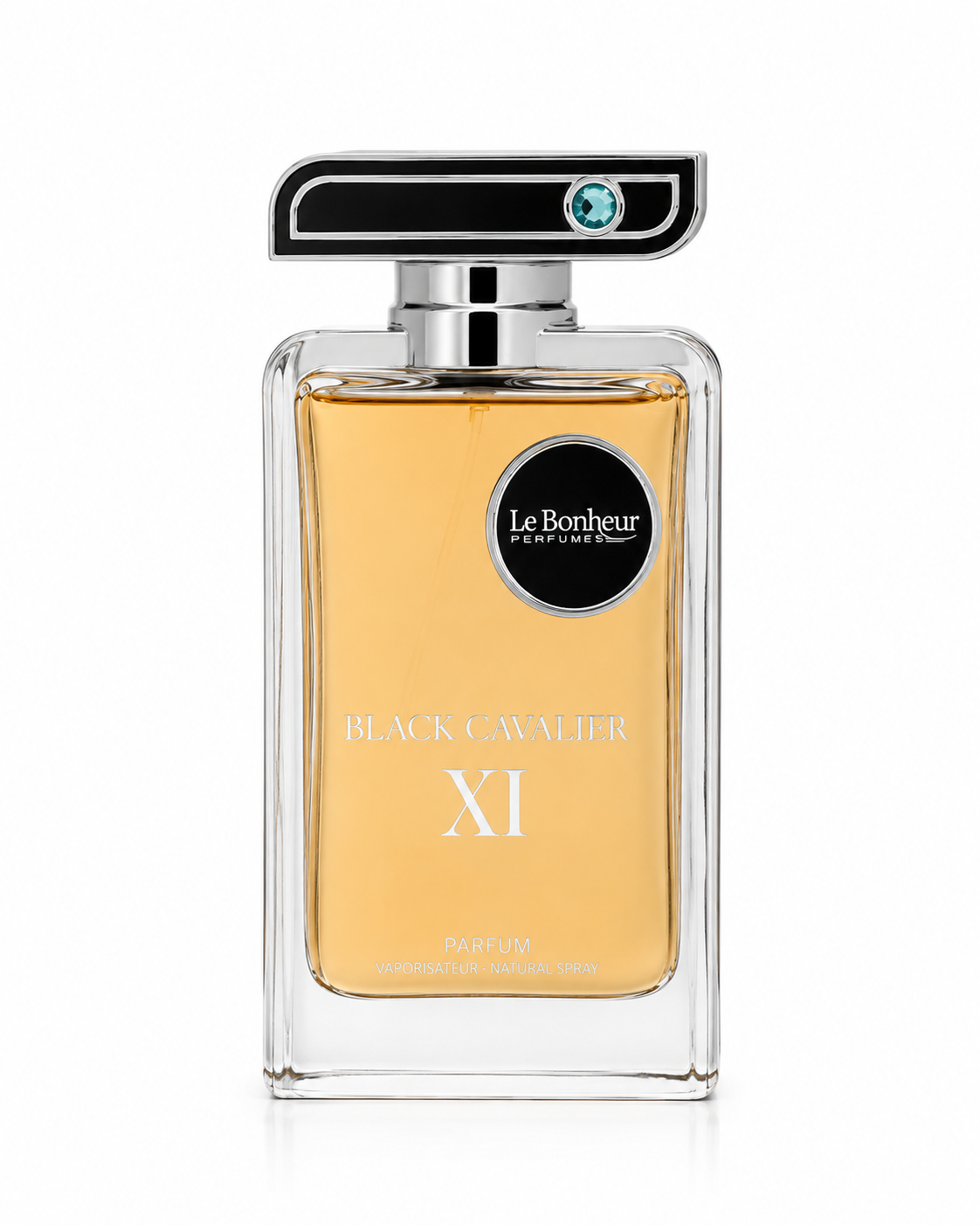 Le Bonheur Black Cavalier XI Eau de Parfum 100 ml – luxuriöser orientalisch-holziger Herrenduft mit Safran, Bergamotte, Kardamom, Lavendel, Vanille und Tonkabohne auf weißem Hintergrund.