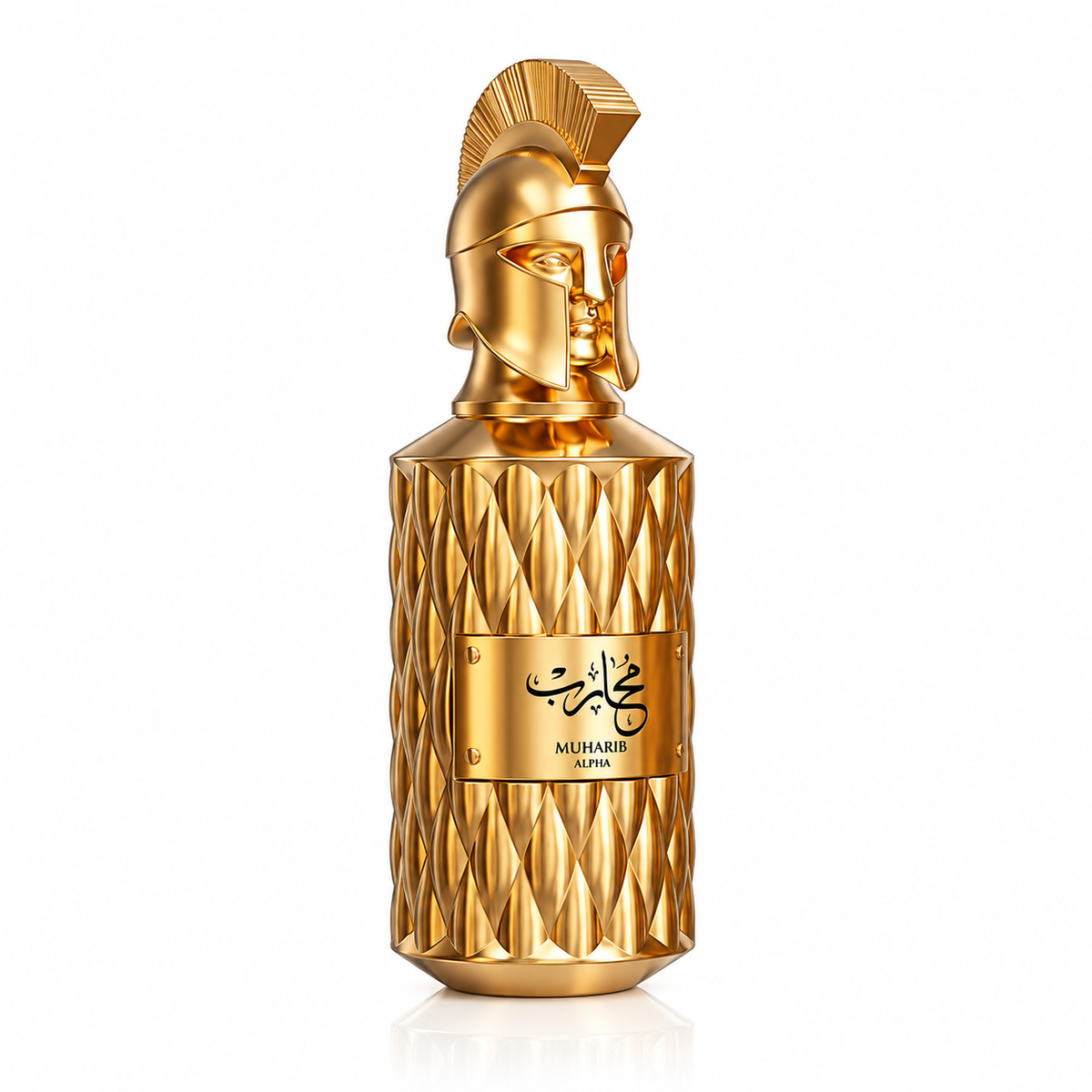 Le Falconé Muharib Alpha Extrait de Parfum 85 ml – goldener Parfumflakon mit Kriegerhelm auf weißem Hintergrund