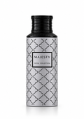 Maison Asrar Majesty Royal Collection Eau de Parfum 100 ml – silbergrauer Parfumflakon mit schwarzem Verschluss auf weißem Hintergrund
