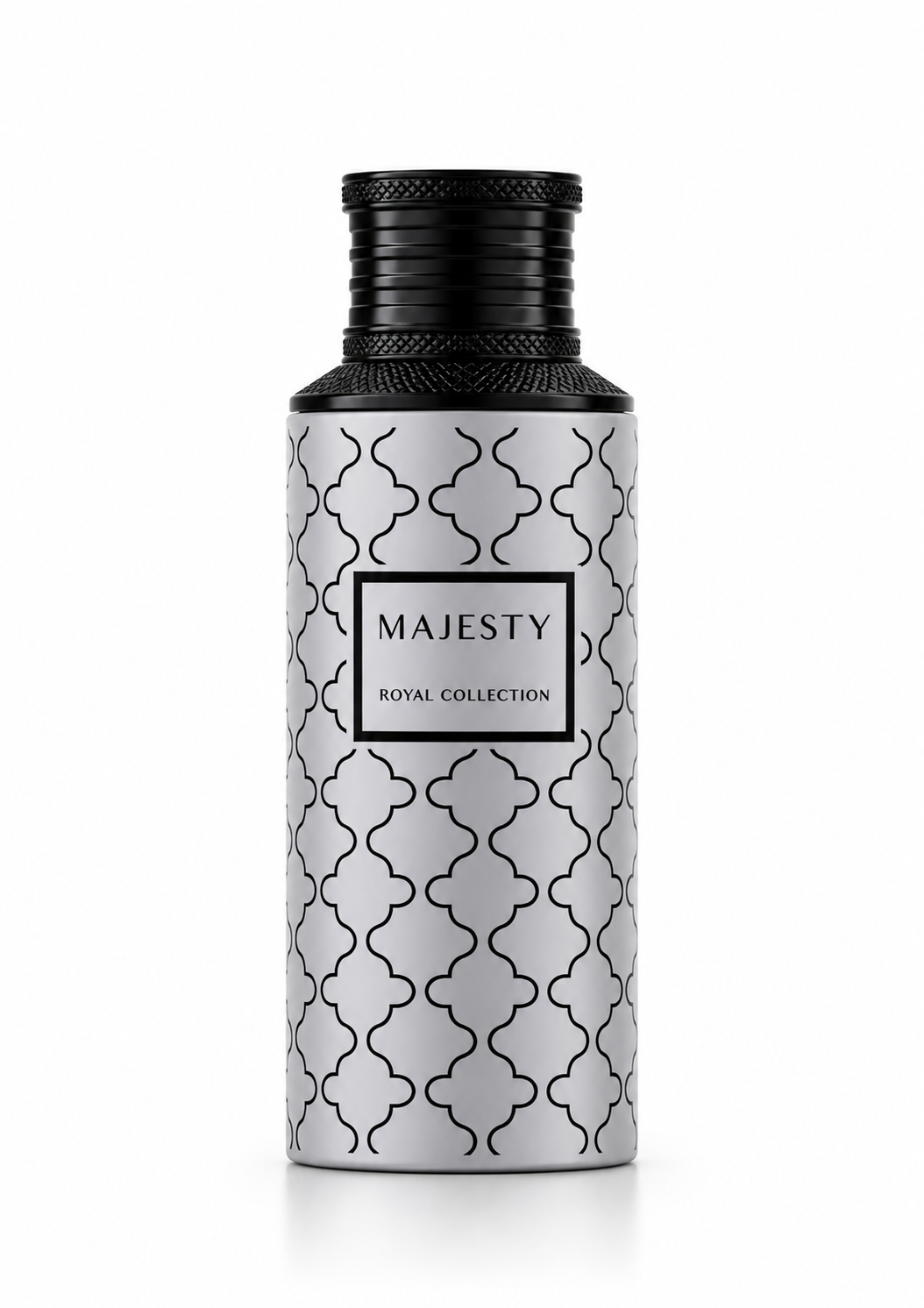 Maison Asrar Majesty Royal Collection Eau de Parfum 100 ml – silbergrauer Parfumflakon mit schwarzem Verschluss auf weißem Hintergrund