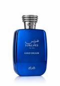 Rasasi Hawas Gold Digger Eau de Parfum 100 ml – blauer Herrenparfum-Flakon mit silbernem Verschluss auf weißem Hintergrund