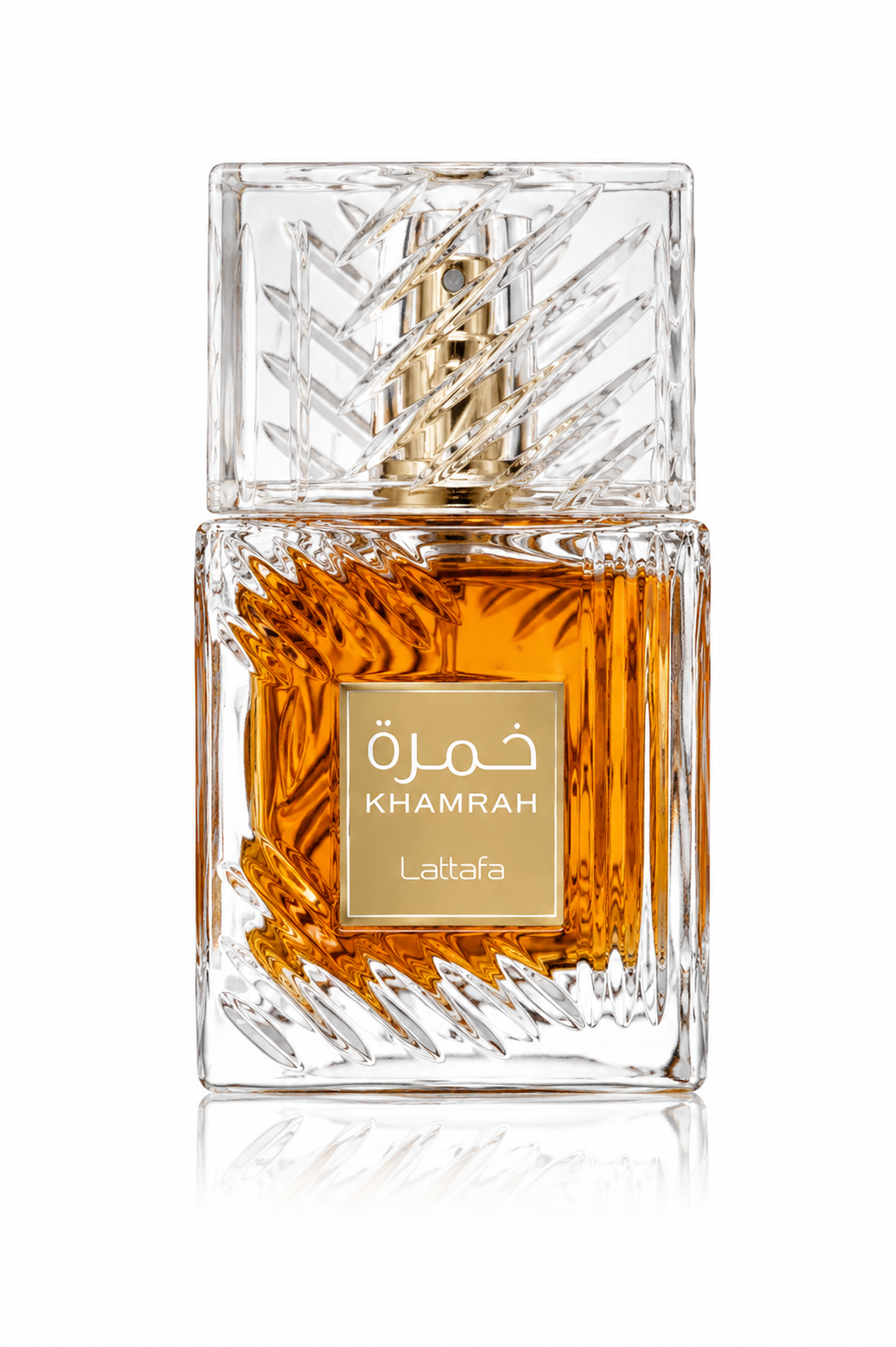 Lattafa Khamrah Eau de Parfum 100 ml Parfumflasche auf weißem Hintergrund