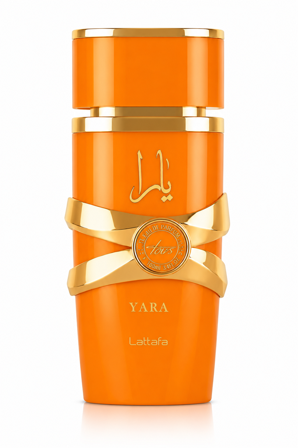 Lattafa Yara Tous Eau de Parfum 100 ml orangefarbener Damenflakon auf weißem Hintergrund