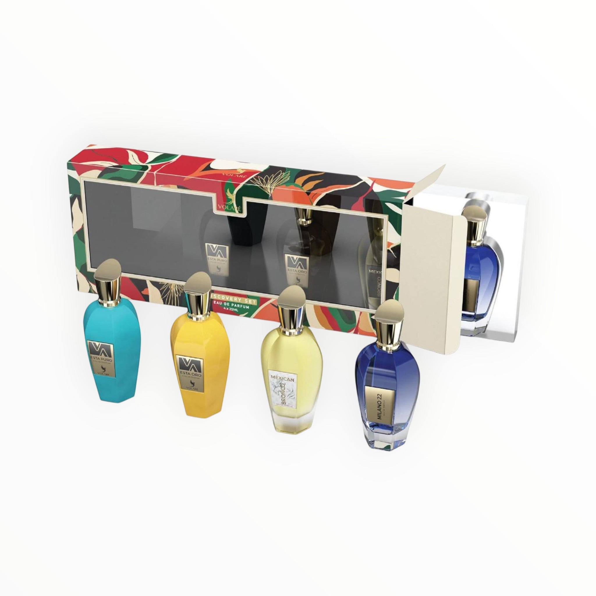 ParfumLora-Volare Discovery Set featuring four 25ml perfume bottles in blue, yellow, light yellow, and dark blue, with a colourful patterned box.