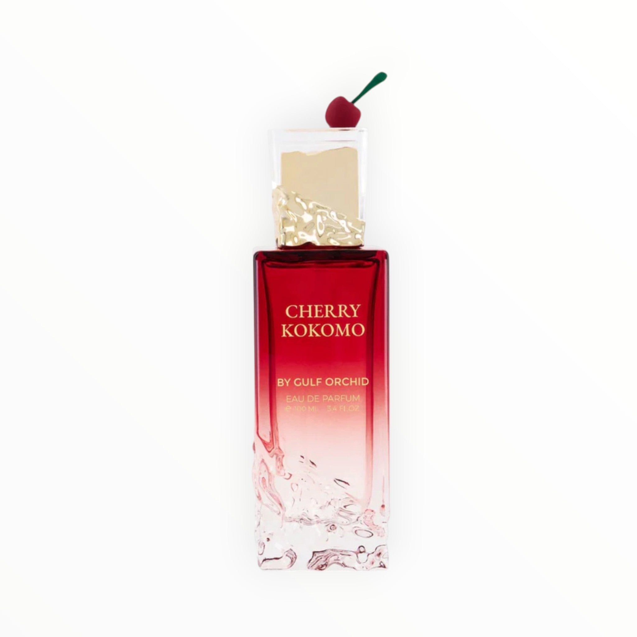Rimaal Gulf Orchid Cherry Kokomo Eau de Parfum 100ml in einem roten Glasflakon mit goldenem Verschluss und Kirsch-Deko