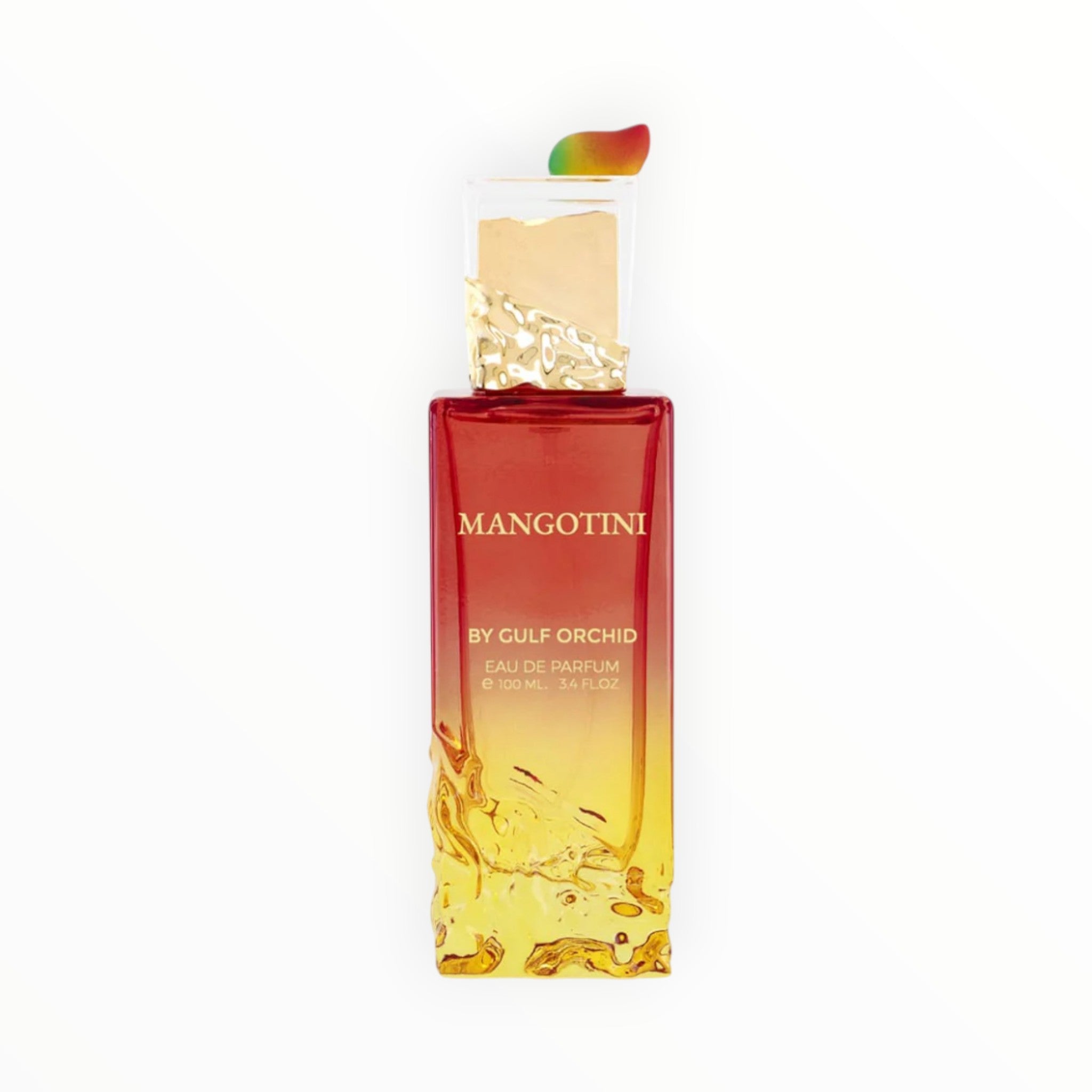 Rimaal Gulf Orchid Mangotini Eau de Parfum in einem rot-gelben Ombré-Flakon mit goldener Textur-Verzierung.