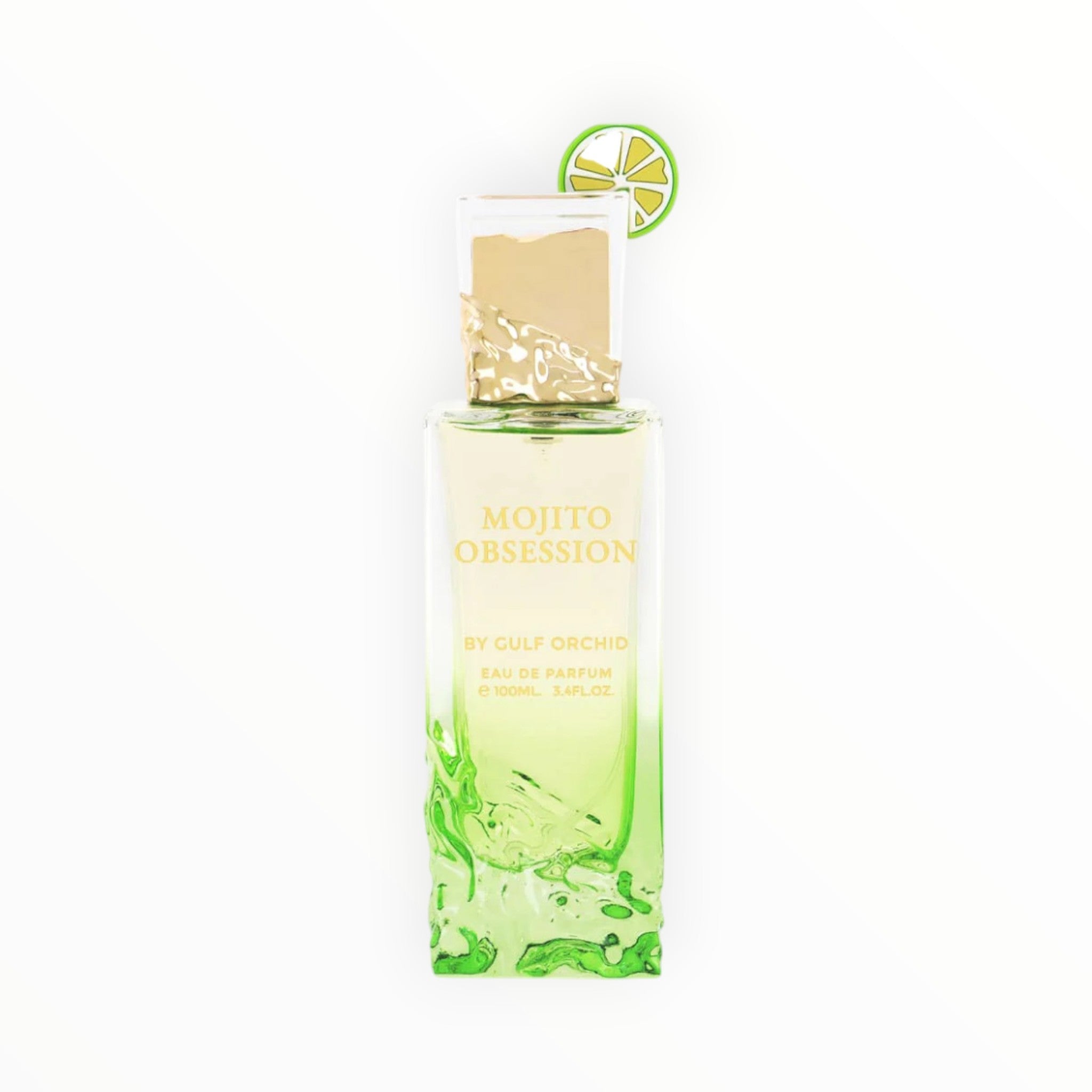 Rimaal Gulf Orchid Mojito Obsession Eau de Parfum 100ml in grünem Glasflakon mit Limetten-Dekor und Gold-Akzenten