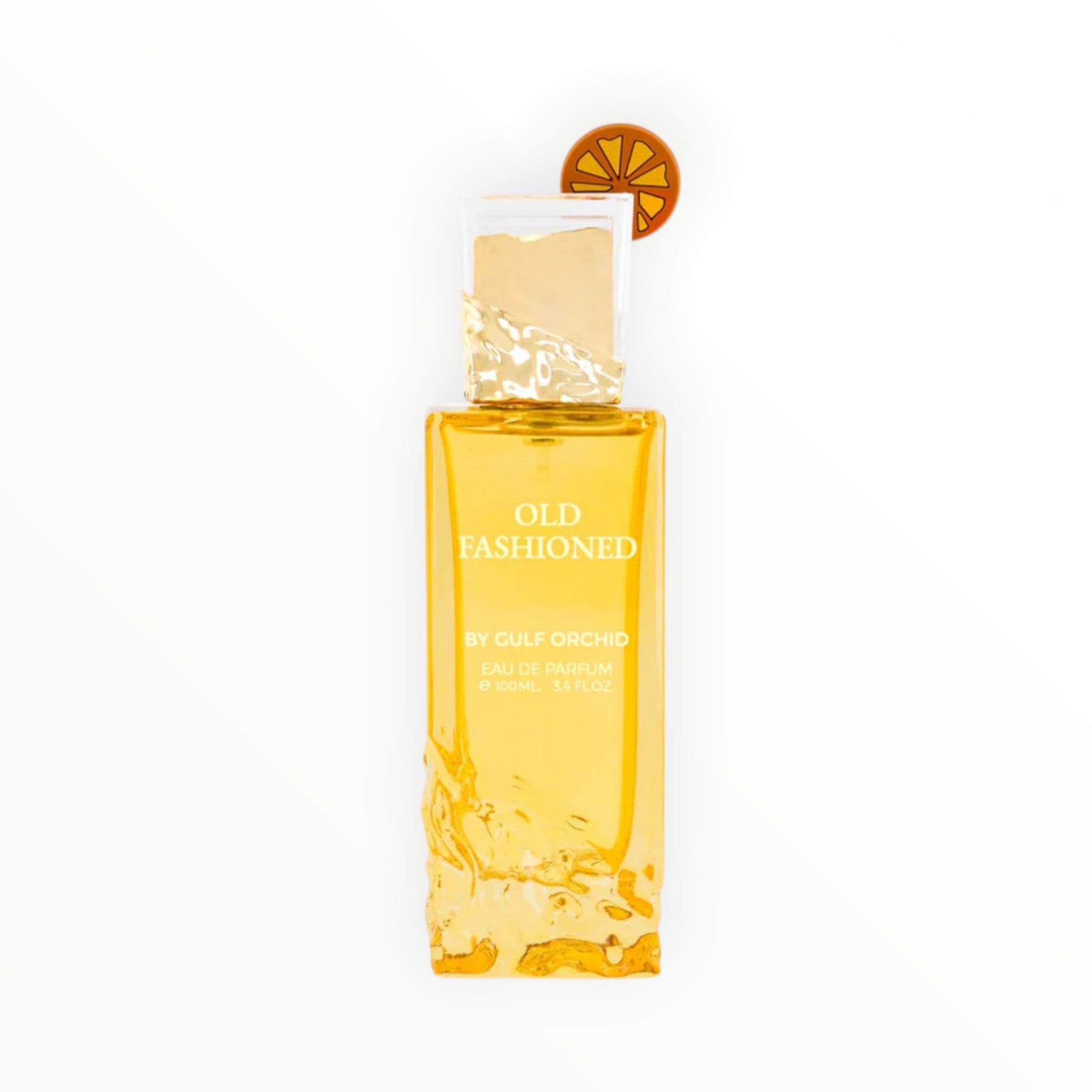 Rimaal Gulf Orchid Old Fashioned Eau de Parfum in einem luxuriösen, goldfarbenen Glasflakon mit 100ml Inhalt.