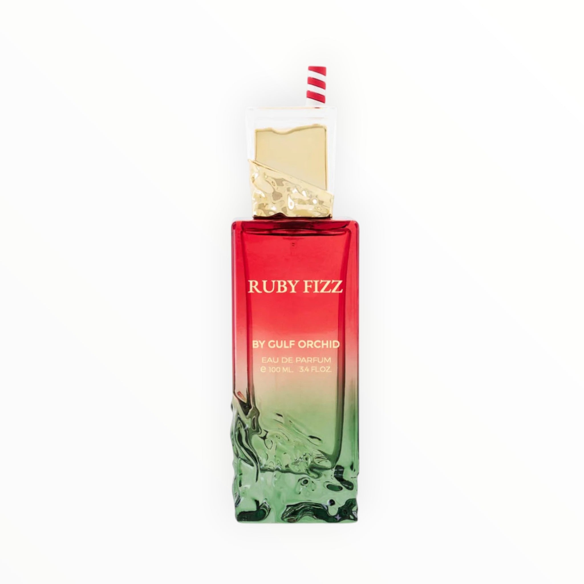 Rimaal Gulf Orchid Ruby Fizz Eau de Parfum 100ml in einem rot-grünen Glasflakon mit Strohhalm-Verschluss.