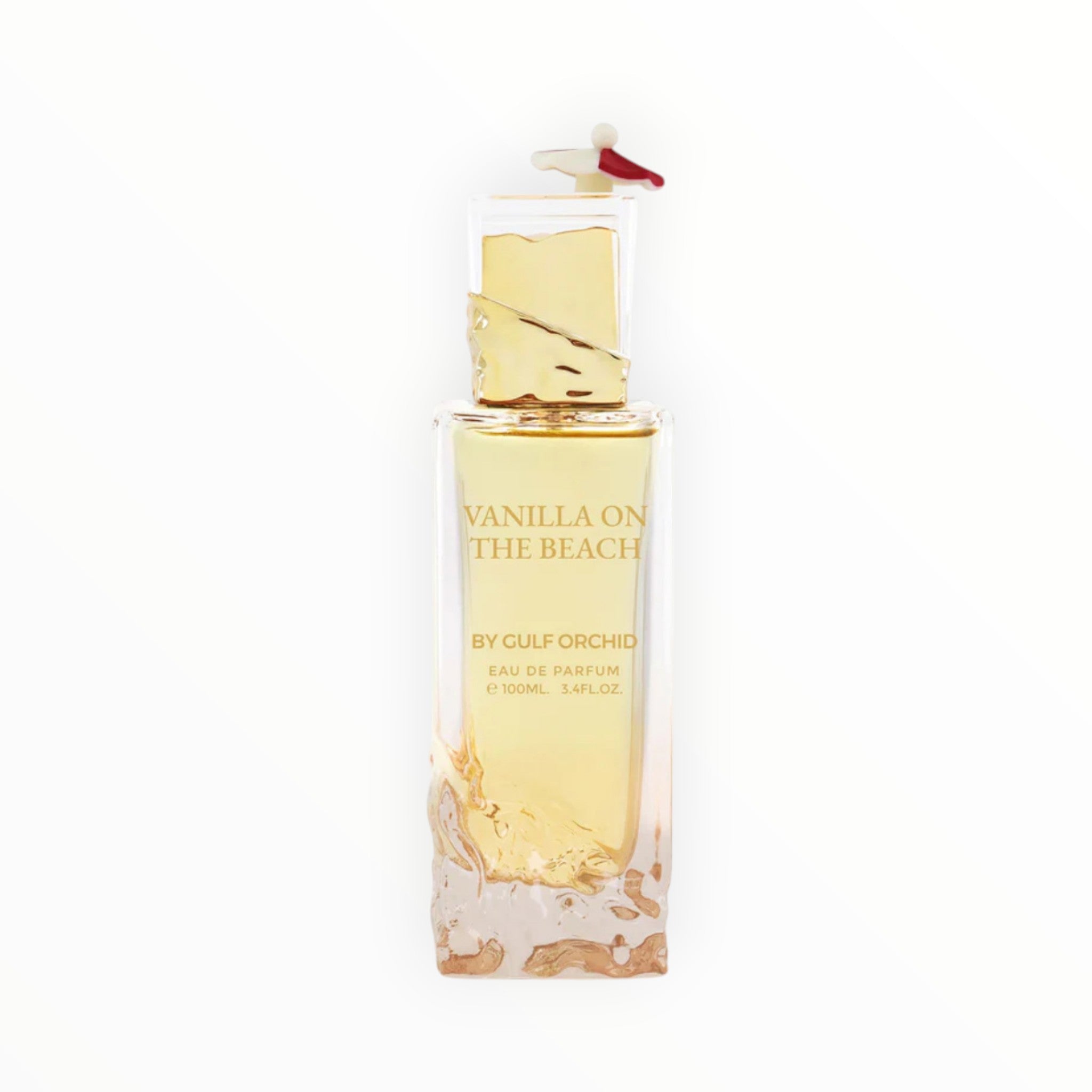 Rimaal Gulf Orchid Vanilla on the Beach Parfum mit goldenem Duft in einem künstlerischen Flakon mit Wellen-Design.