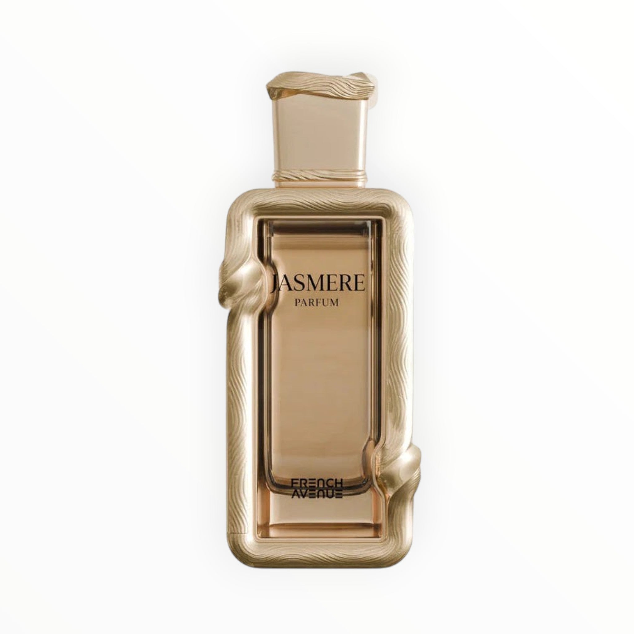 Rimaal Jasmere French Avenue Parfum in einem eleganten, goldfarbenen Flakon mit kunstvollem Reliefdesign.