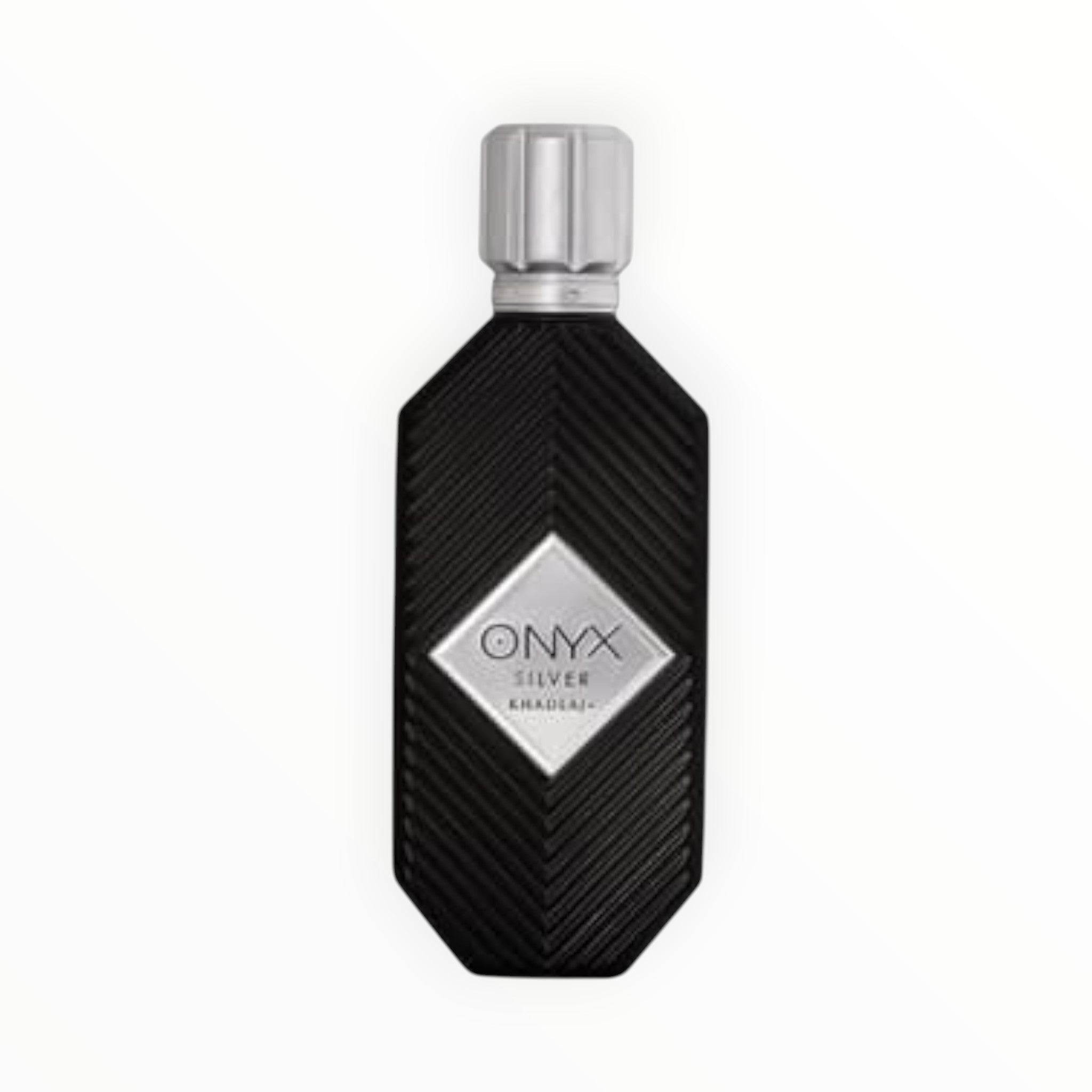 Rimaal Khadlaj Onyx Silver 100ml Eau de Parfum in a black textured bottle with a silver cap.