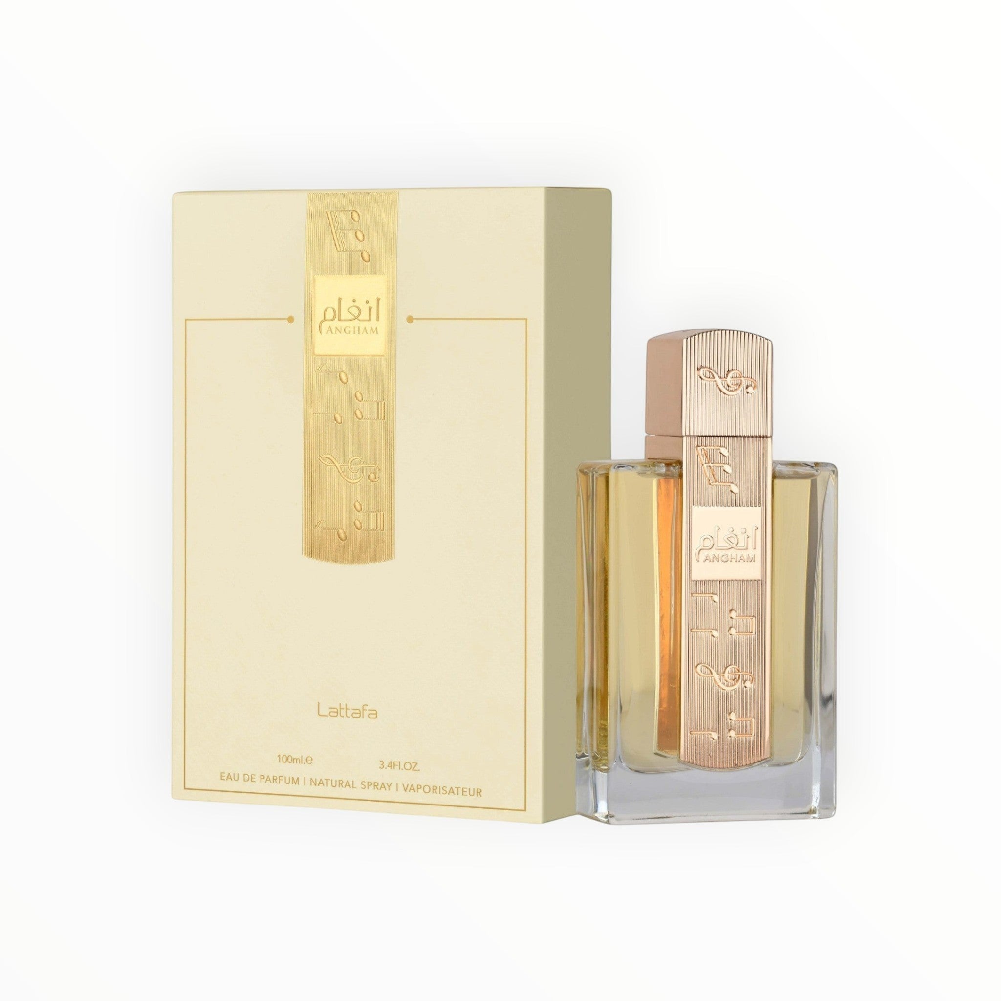 Lattafa Angham Eau de Parfum 100ml bei Rimaal in eleganter beiger Verpackung mit goldener Flakon-Verzierung.