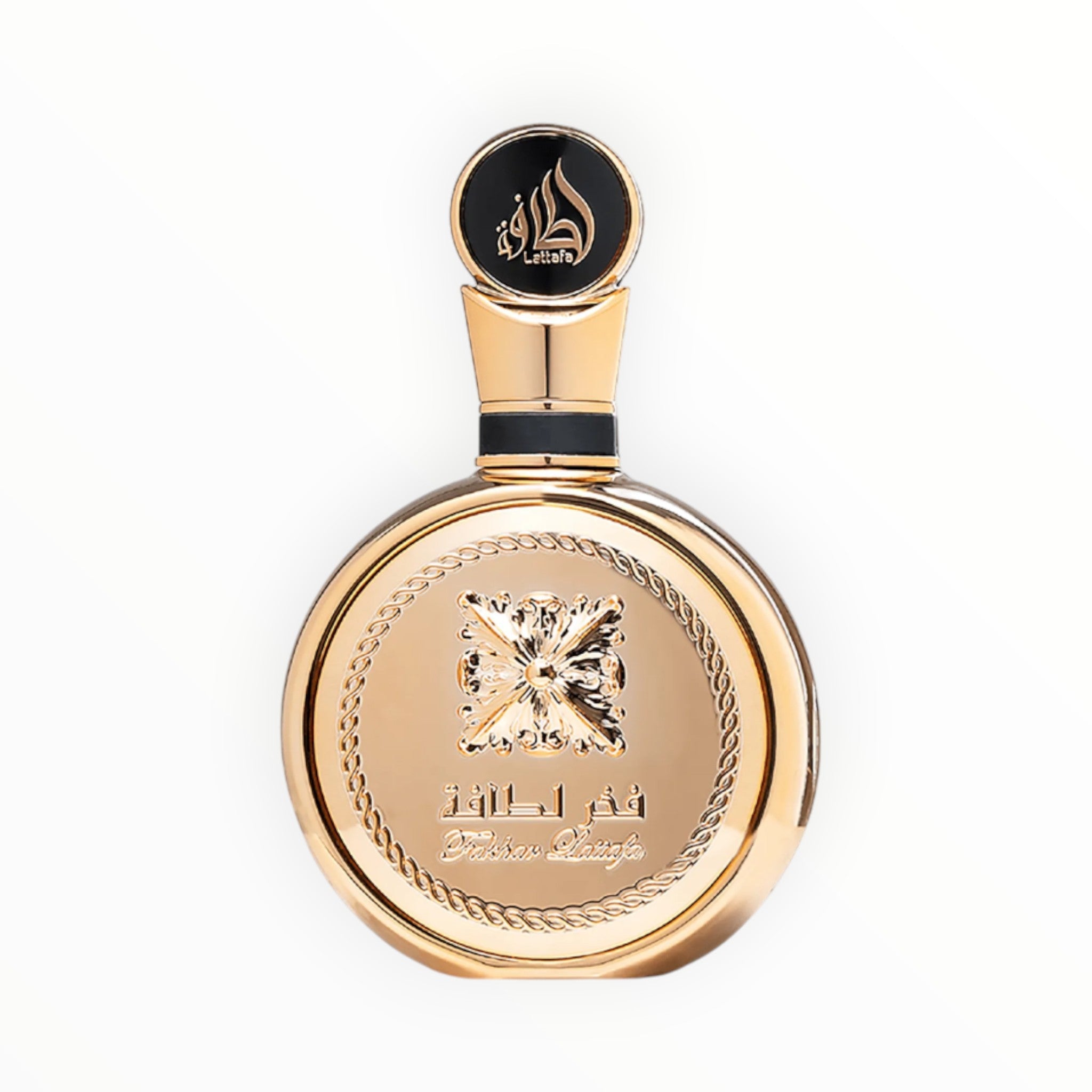 Rimaal Lattafa Fakhar Gold Eau de Parfum in einer luxuriösen, runden goldenen Flasche mit orientalischem Design.