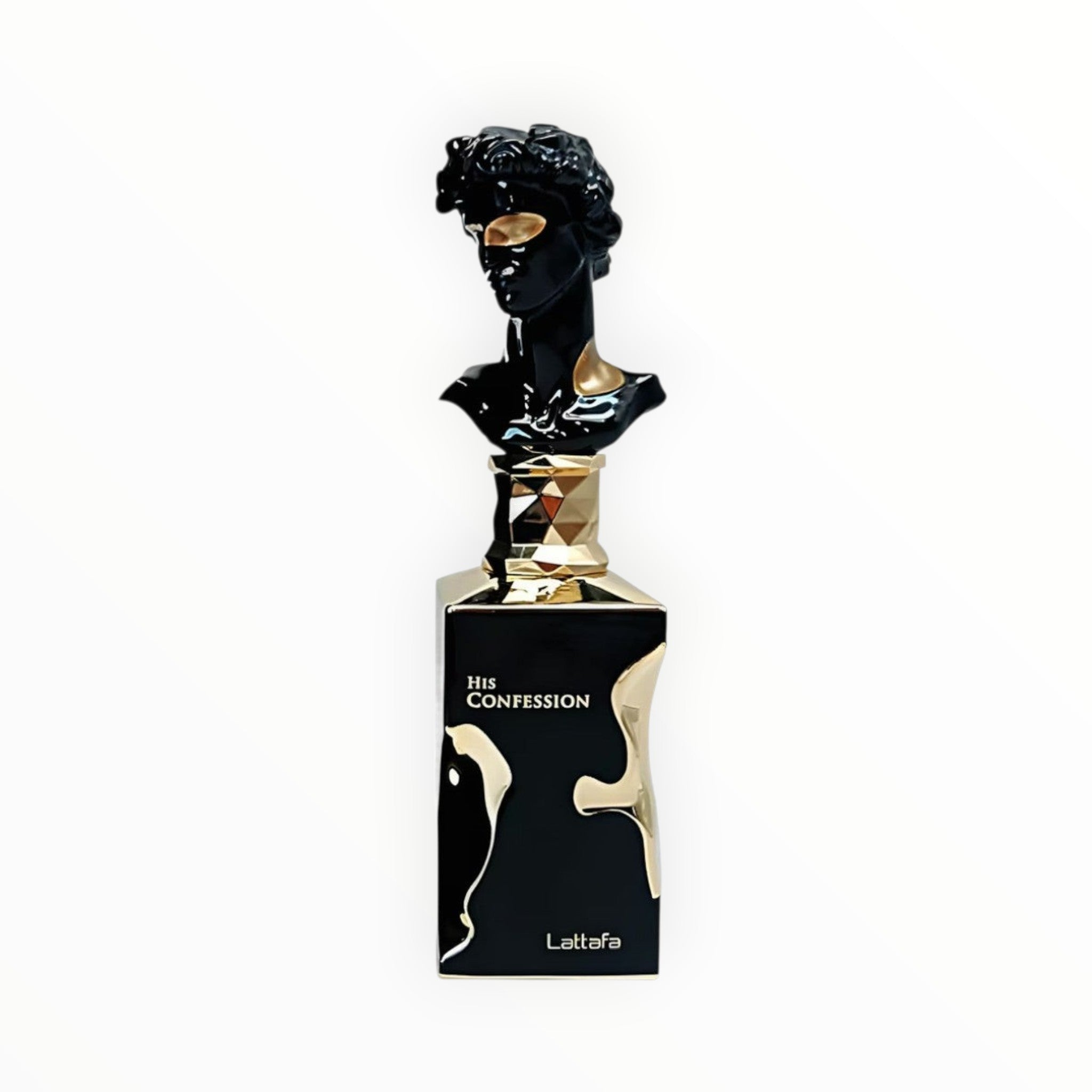 Lattafa His Confession 100ml Parfumflakon mit schwarzer Büste und goldenen Akzenten bei Rimaal