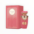 Rimaal Lattafa Jouri Eau de Parfum in pink Flakon mit goldener Verzierung und passender Geschenkbox, 100 ml