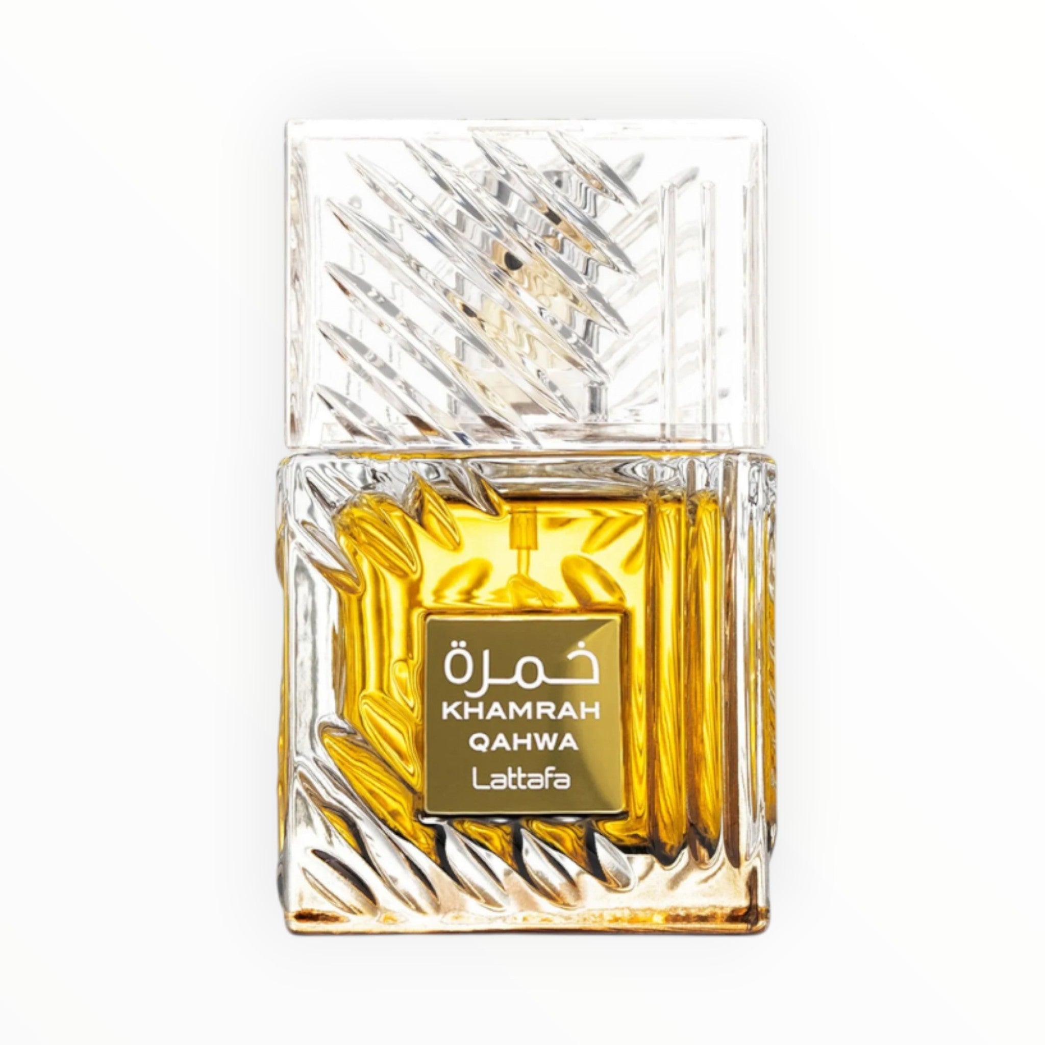 Lattafa Khamrah Qahwa Parfum von Rimaal in einem luxuriösen, facettierten Glasflakon mit goldener Duftflüssigkeit.