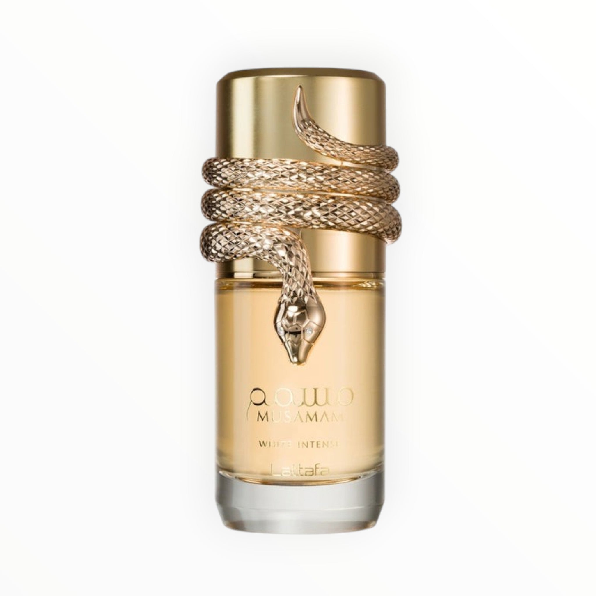 Rimaal Lattafa Musamam White Intense Parfumflakon mit goldener Schlange auf dem Deckel vor weißem Hintergrund