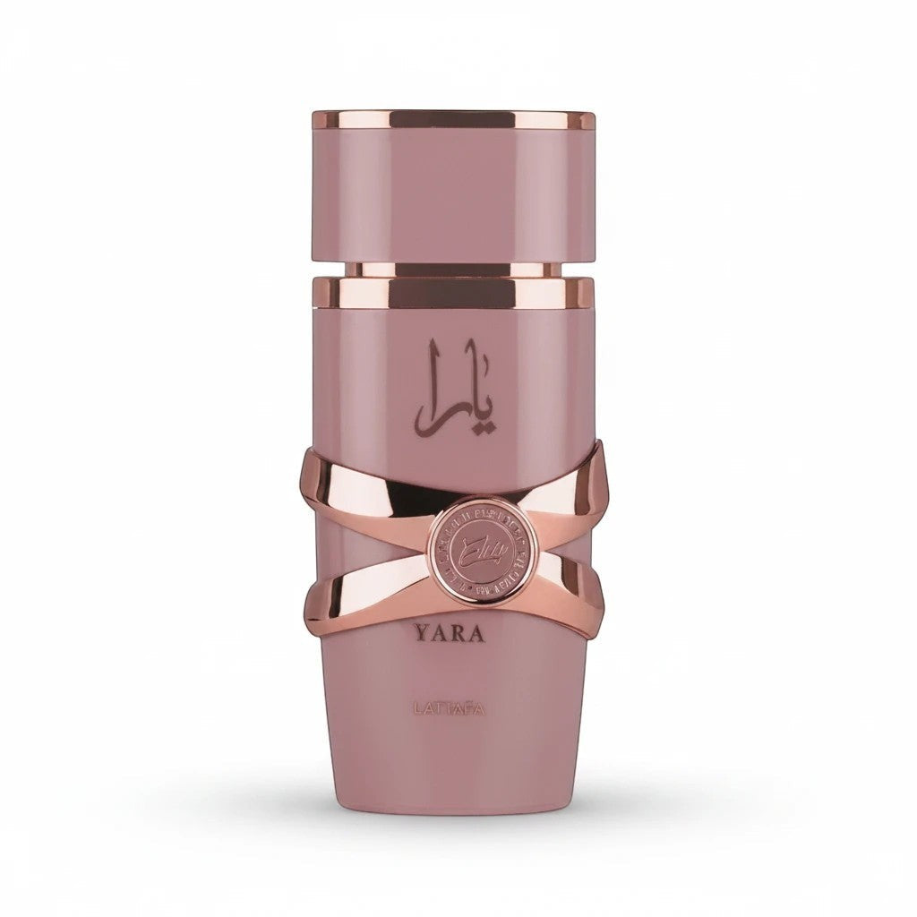 Rimaal Lattafa Yara Eau de Parfum in einem eleganten, rosafarbenen Flakon mit roségoldenen Akzenten.