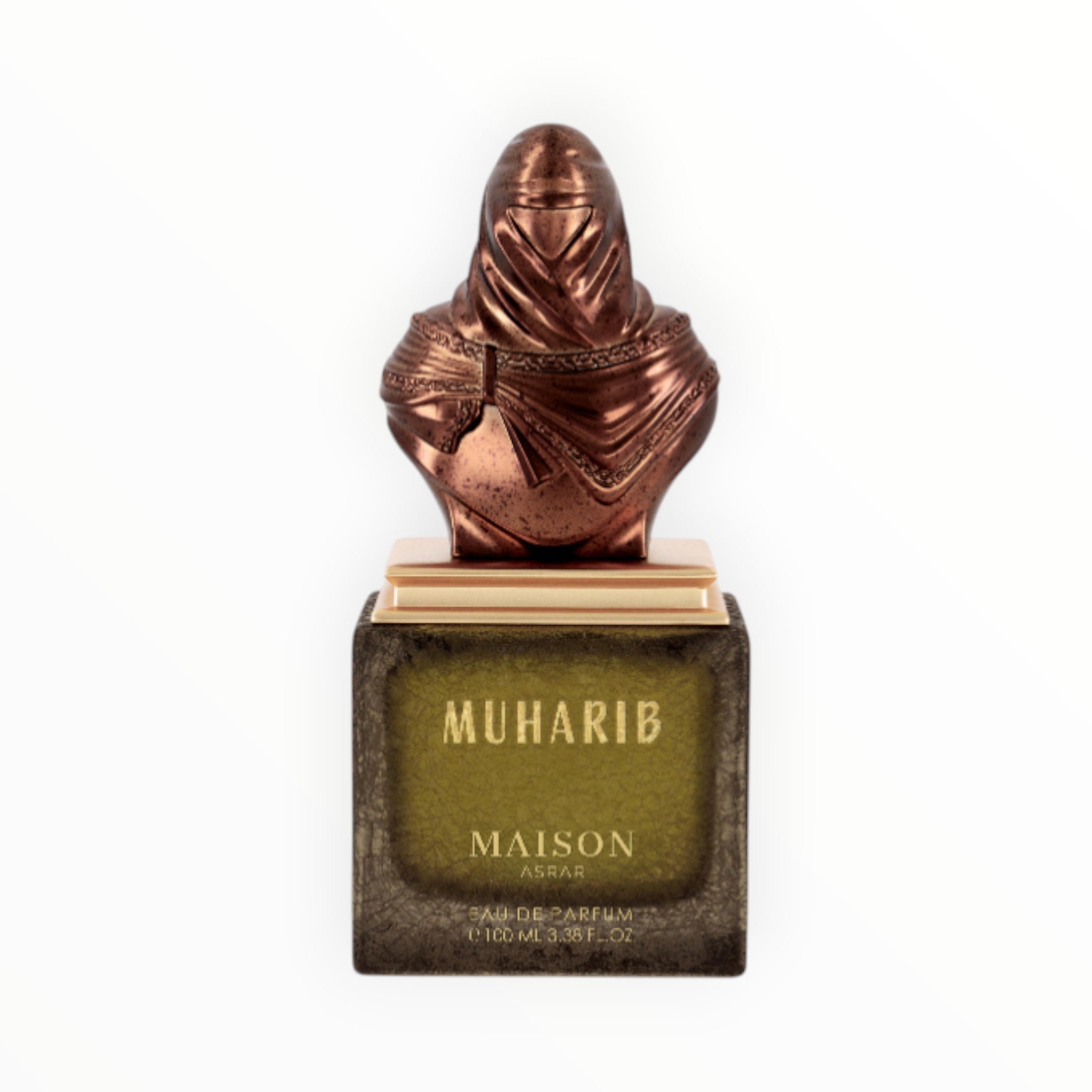 Maison Asrar Muharib Eau de Parfum 100ml von Rimaal in einem bronzefarbenen Flakon mit skulpturalem Verschluss.