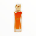 Rimaal Maison Asrar Vanilla Aura Parfumflakon mit orangefarbenem Glas und goldenem Verschluss, 100ml Gourmand-Duft.