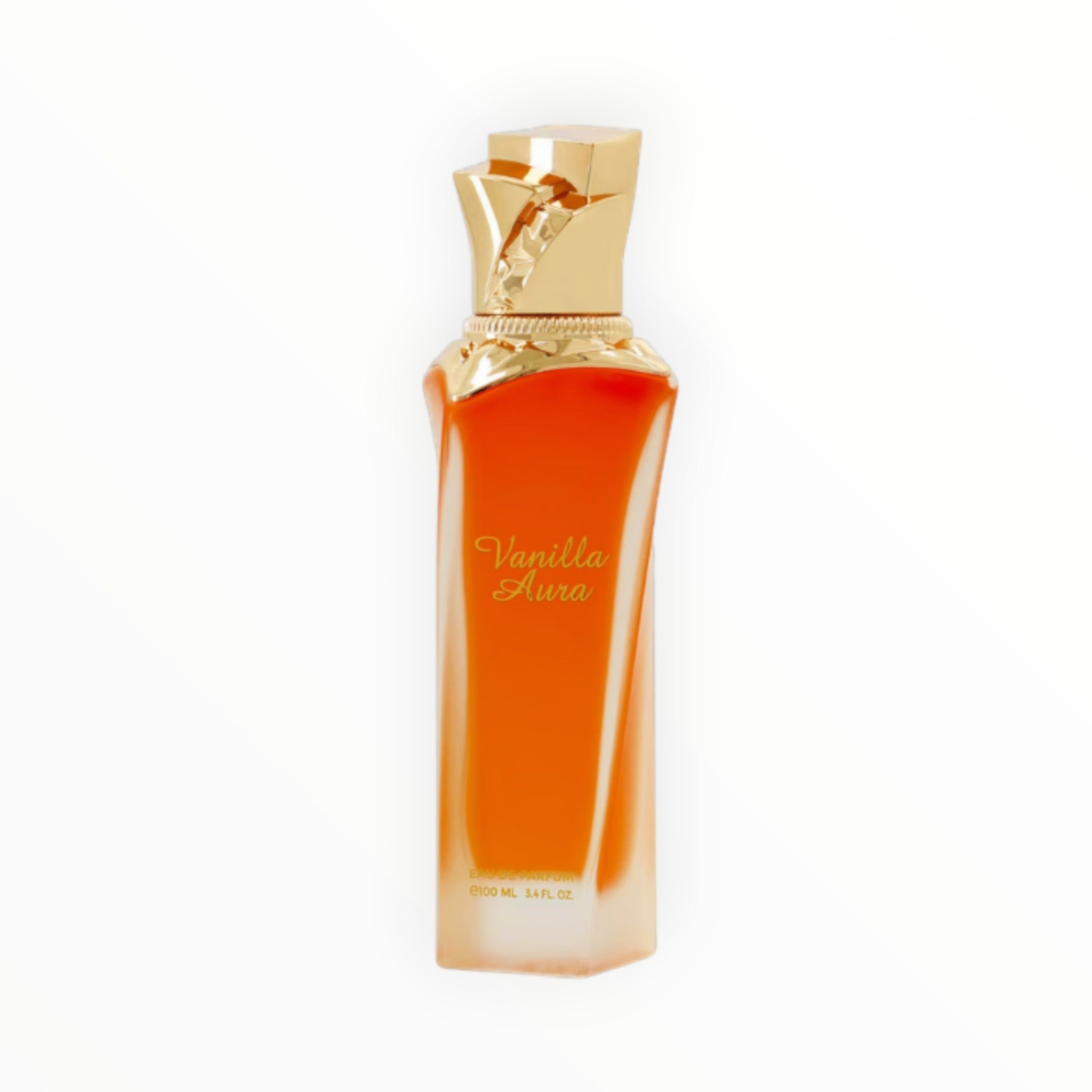 Rimaal Maison Asrar Vanilla Aura Parfumflakon mit orangefarbenem Glas und goldenem Verschluss, 100ml Gourmand-Duft.