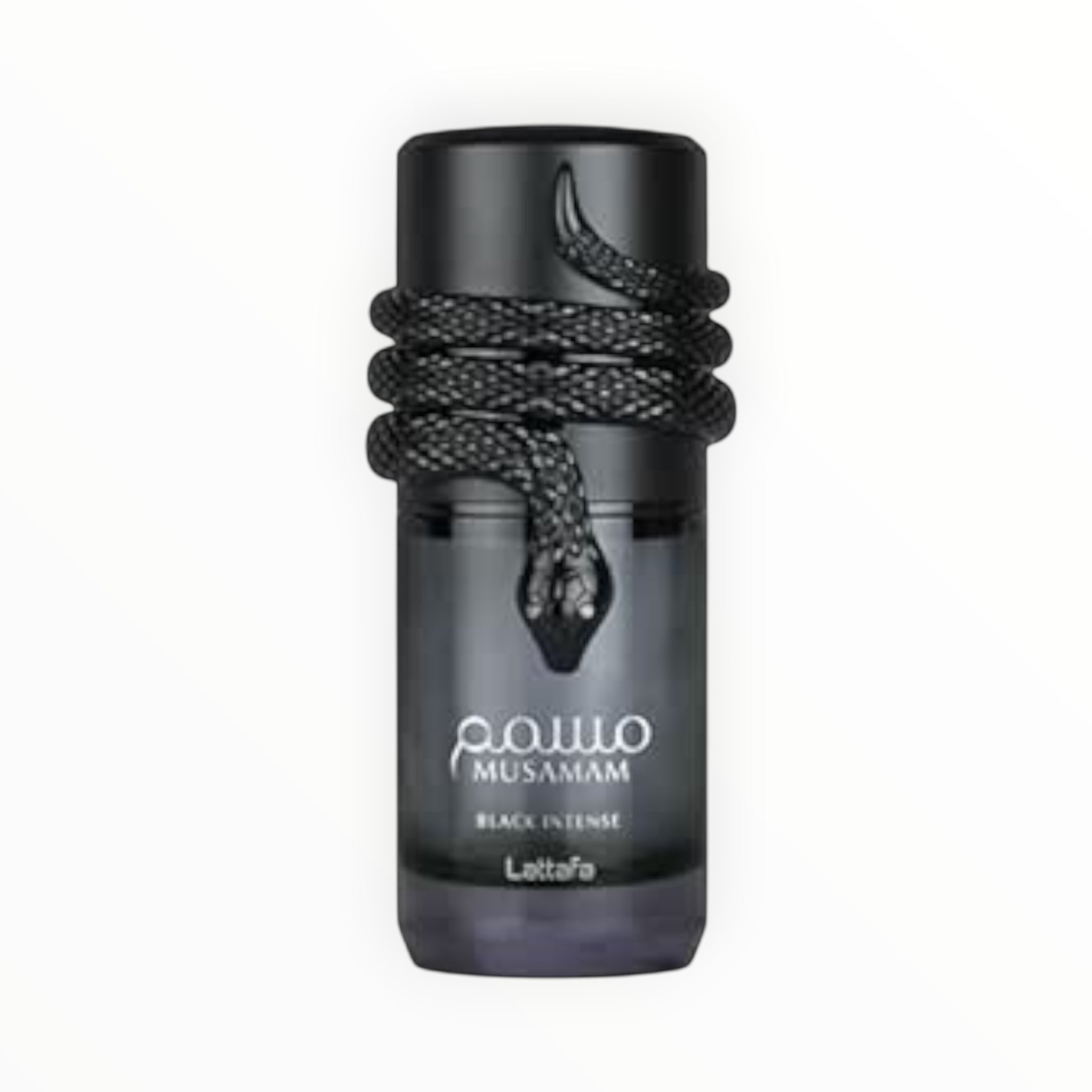 Rimaal Musamam Black Intense Eau de Parfum 100ml Flakon mit schwarzem Schlangendesign und holzig-würzigen Noten